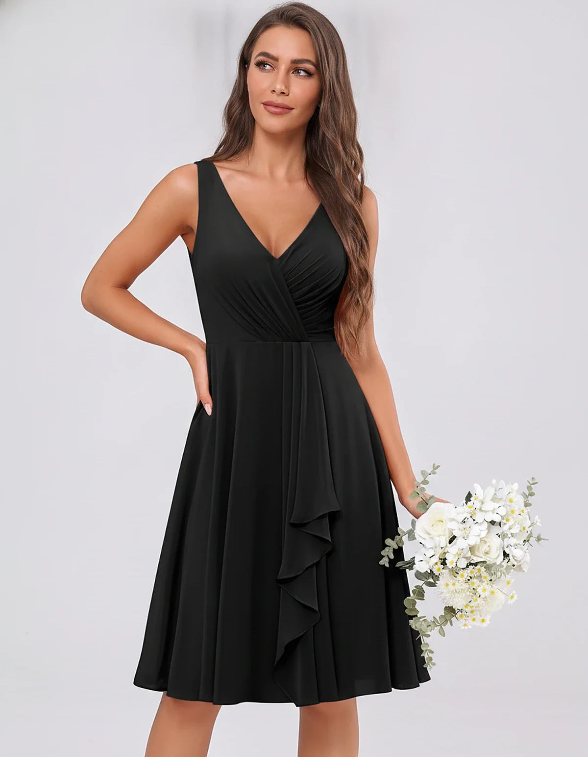 Chiffon Sleeveless V-Neck Pleated Ruffle A-Line Mini Dress for Party Cocktail Evening Summer Wedding Guest Bridesmaid Style, | SKU: MD-482917563204857-BLACK-L,MD-482917563204857-BLACK-M,MD-482917563204857-BLACK-S,MD-482917563204857-BLACK-XL,MD-482917563204857-BLACK-XS