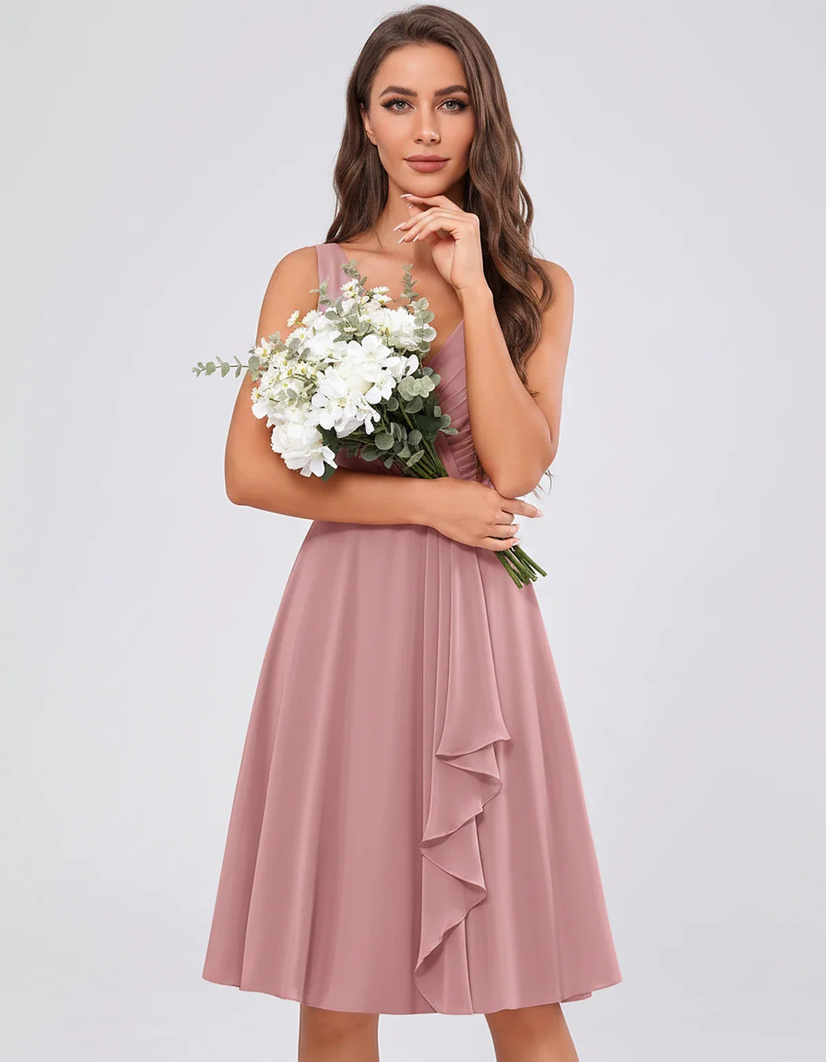 Chiffon Sleeveless V-Neck Pleated Ruffle A-Line Mini Dress for Party Cocktail Evening Summer Wedding Guest Bridesmaid Style, | SKU: MD-482917563204857-DUSTYROSE-L,MD-482917563204857-DUSTYROSE-M,MD-482917563204857-DUSTYROSE-S,MD-482917563204857-DUSTYROSE-XL,MD-482917563204857-DUSTYROSE-XS