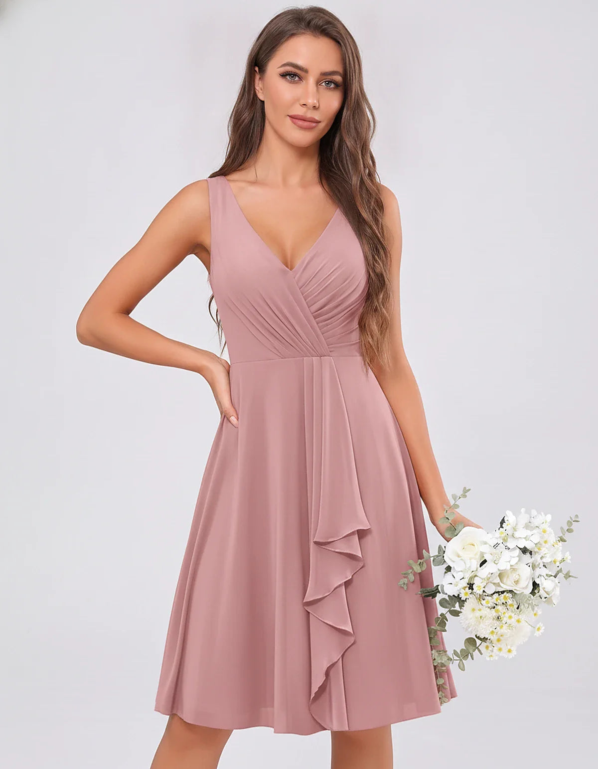 Chiffon Sleeveless V-Neck Pleated Ruffle A-Line Mini Dress for Party Cocktail Evening Summer Wedding Guest Bridesmaid Style, | SKU: MD-482917563204857-DUSTYROSE-L,MD-482917563204857-DUSTYROSE-M,MD-482917563204857-DUSTYROSE-S,MD-482917563204857-DUSTYROSE-XL,MD-482917563204857-DUSTYROSE-XS