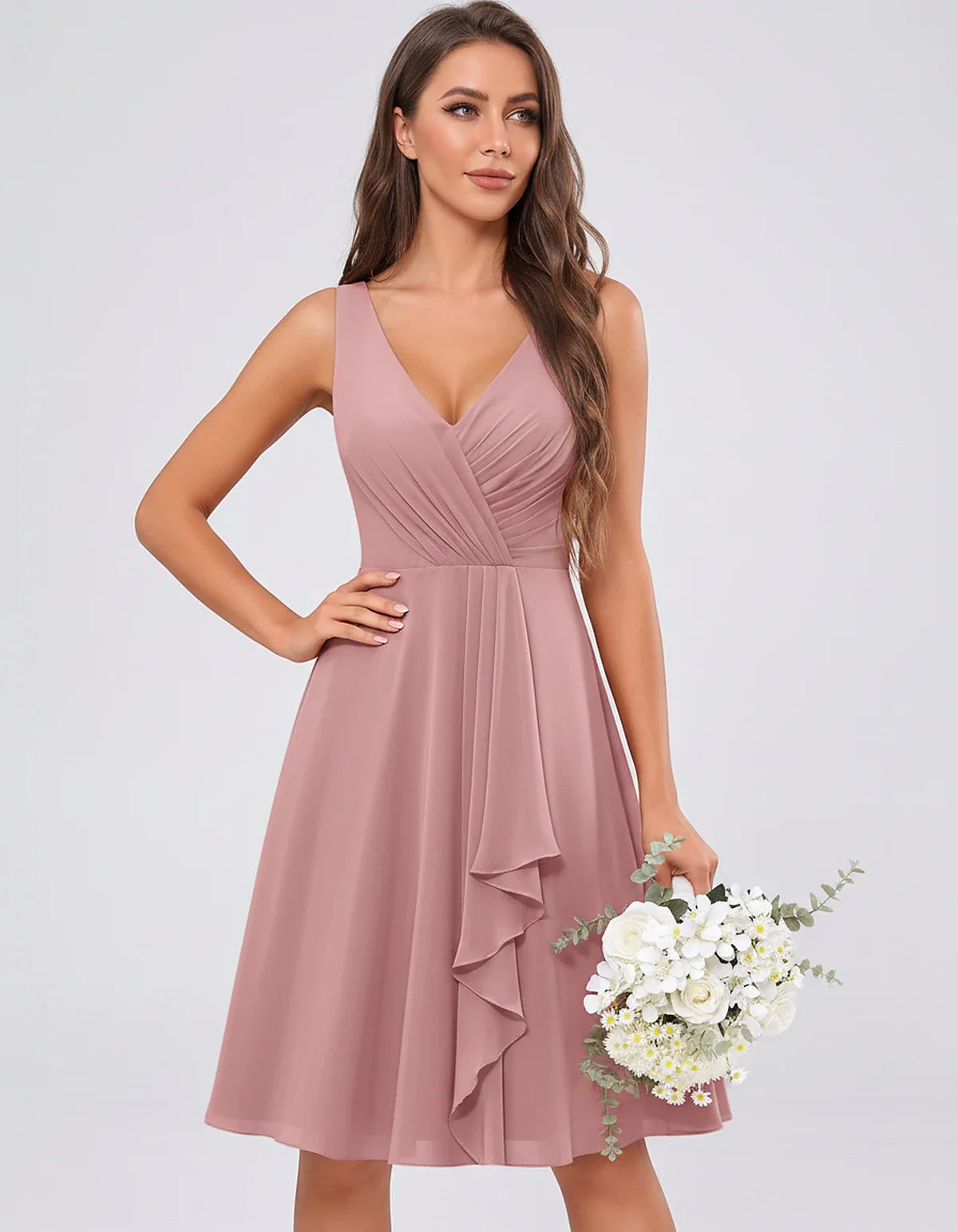 Chiffon Sleeveless V-Neck Pleated Ruffle A-Line Mini Dress for Party Cocktail Evening Summer Wedding Guest Bridesmaid Style, | SKU: MD-482917563204857-DUSTYROSE-L,MD-482917563204857-DUSTYROSE-M,MD-482917563204857-DUSTYROSE-S,MD-482917563204857-DUSTYROSE-XL,MD-482917563204857-DUSTYROSE-XS