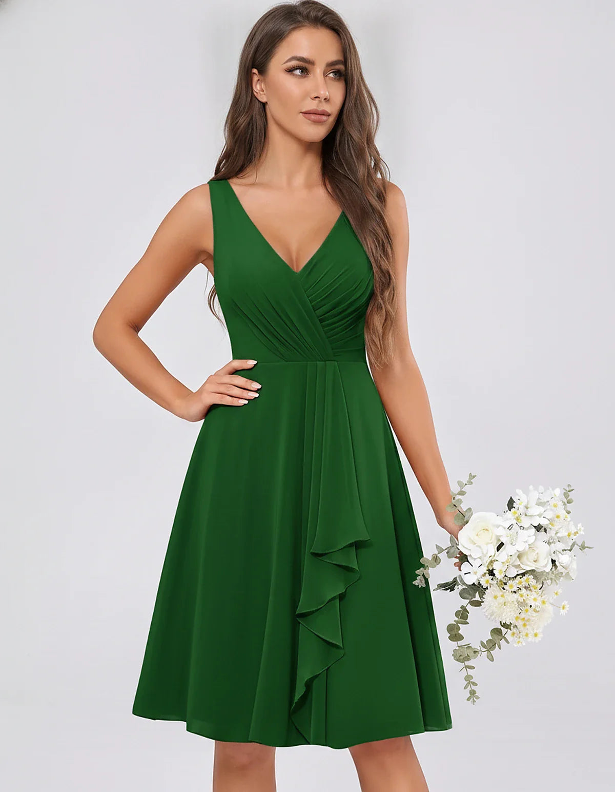 Chiffon Sleeveless V-Neck Pleated Ruffle A-Line Mini Dress for Party Cocktail Evening Summer Wedding Guest Bridesmaid Style, | SKU: MD-482917563204857-EMERALD-L,MD-482917563204857-EMERALD-M,MD-482917563204857-EMERALD-S,MD-482917563204857-EMERALD-XL,MD-482917563204857-EMERALD-XS