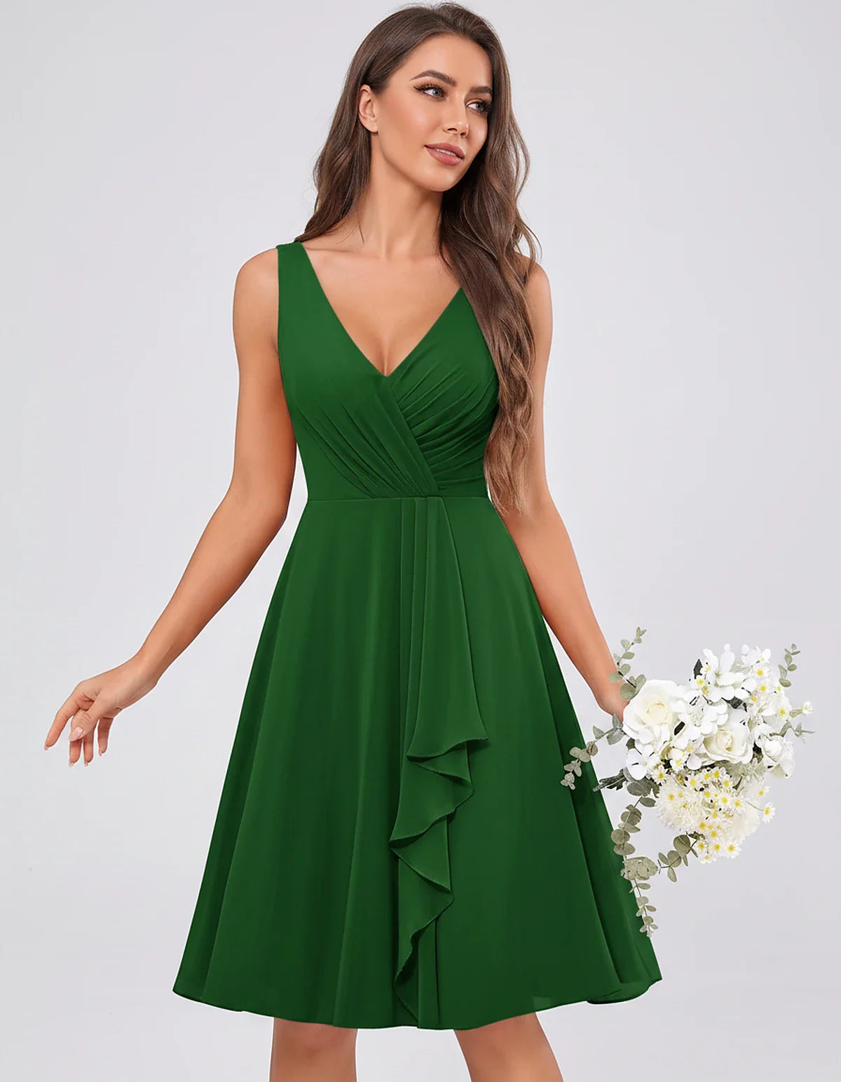 Chiffon Sleeveless V-Neck Pleated Ruffle A-Line Mini Dress for Party Cocktail Evening Summer Wedding Guest Bridesmaid Style, | SKU: MD-482917563204857-EMERALD-L,MD-482917563204857-EMERALD-M,MD-482917563204857-EMERALD-S,MD-482917563204857-EMERALD-XL,MD-482917563204857-EMERALD-XS