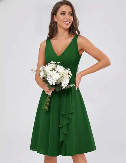 Chiffon Sleeveless V-Neck Pleated Ruffle A-Line Mini Dress for Party Cocktail Evening Summer Wedding Guest Bridesmaid Style, | SKU: MD-482917563204857-EMERALD-L,MD-482917563204857-EMERALD-M,MD-482917563204857-EMERALD-S,MD-482917563204857-EMERALD-XL,MD-482917563204857-EMERALD-XS