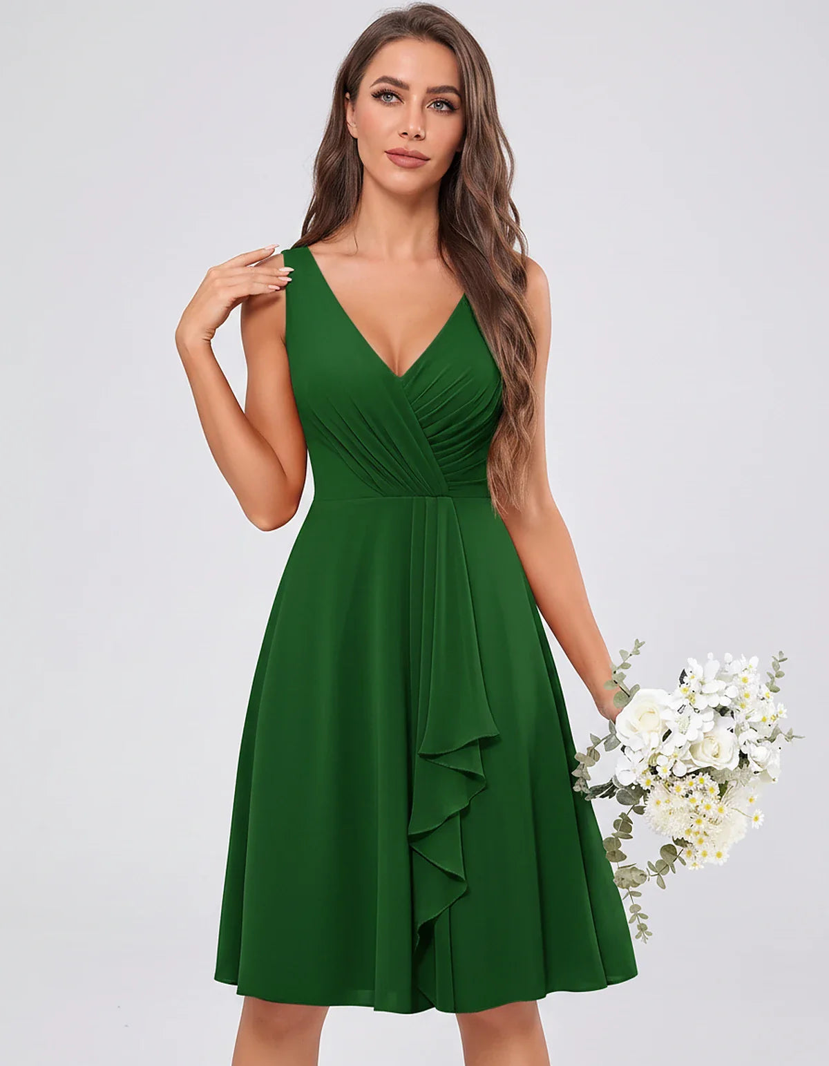 Chiffon Sleeveless V-Neck Pleated Ruffle A-Line Mini Dress for Party Cocktail Evening Summer Wedding Guest Bridesmaid Style, | SKU: MD-482917563204857-EMERALD-L,MD-482917563204857-EMERALD-M,MD-482917563204857-EMERALD-S,MD-482917563204857-EMERALD-XL,MD-482917563204857-EMERALD-XS