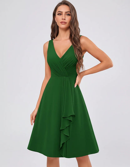 Chiffon Sleeveless V-Neck Pleated Ruffle A-Line Mini Dress for Party Cocktail Evening Summer Wedding Guest Bridesmaid Style, | SKU: MD-482917563204857-EMERALD-L,MD-482917563204857-EMERALD-M,MD-482917563204857-EMERALD-S,MD-482917563204857-EMERALD-XL,MD-482917563204857-EMERALD-XS