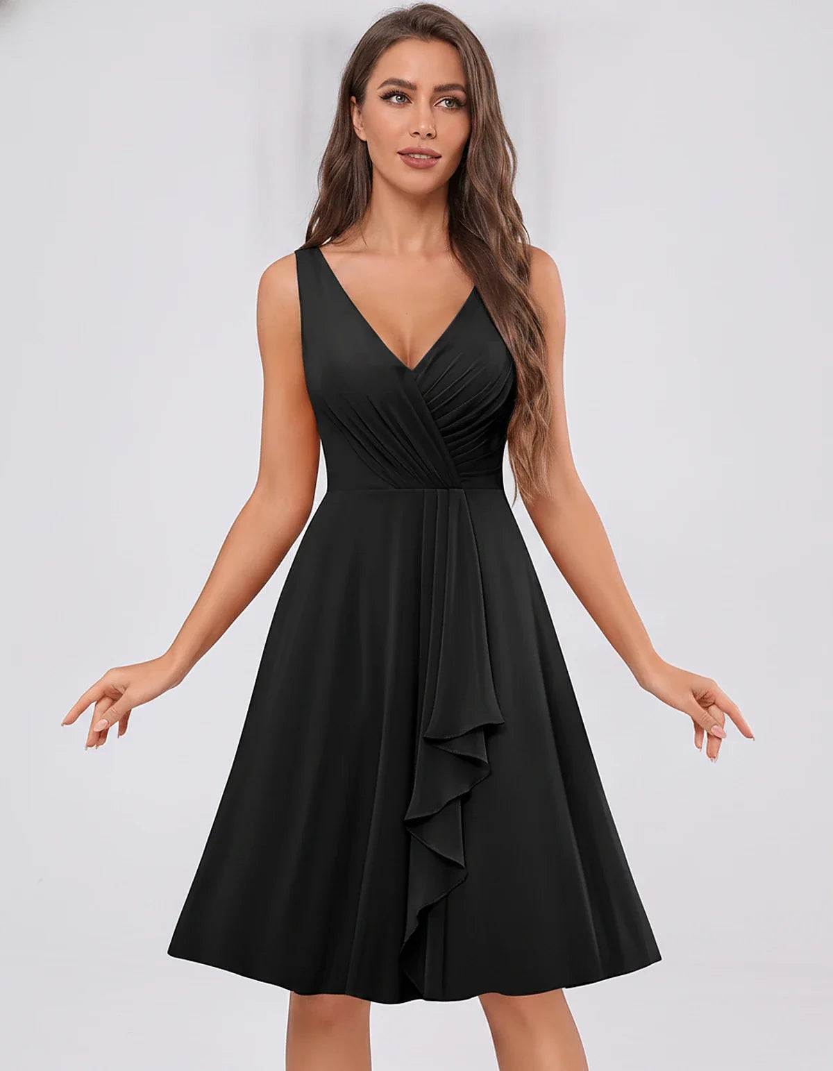 Chiffon Sleeveless V-Neck Pleated Ruffle A-Line Mini Dress for Party Cocktail Evening Summer Wedding Guest Bridesmaid Style, | SKU: MD-482917563204857-BLACK-L,MD-482917563204857-BLACK-M,MD-482917563204857-BLACK-S,MD-482917563204857-BLACK-XL,MD-482917563204857-BLACK-XS