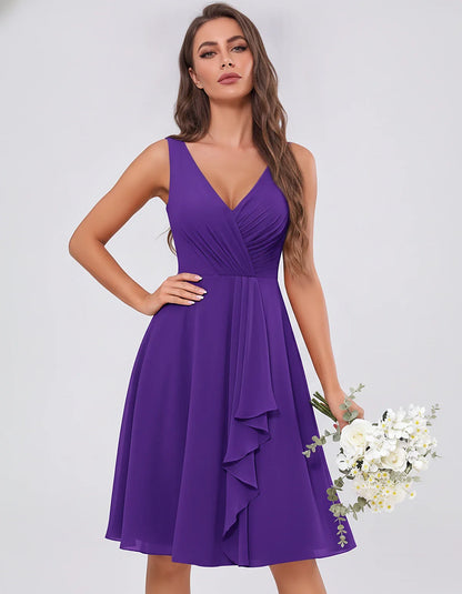Chiffon Sleeveless V-Neck Pleated Ruffle A-Line Mini Dress for Party Cocktail Evening Summer Wedding Guest Bridesmaid Style, | SKU: MD-482917563204857-PURPLE-L,MD-482917563204857-PURPLE-M,MD-482917563204857-PURPLE-S,MD-482917563204857-PURPLE-XL,MD-482917563204857-PURPLE-XS