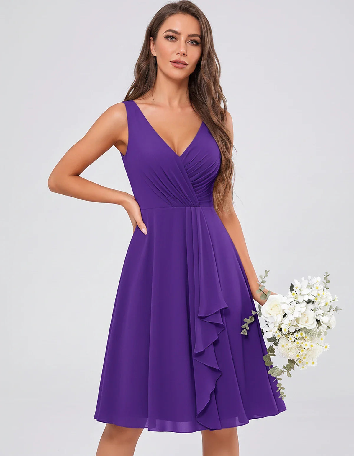 Chiffon Sleeveless V-Neck Pleated Ruffle A-Line Mini Dress for Party Cocktail Evening Summer Wedding Guest Bridesmaid Style, | SKU: MD-482917563204857-PURPLE-L,MD-482917563204857-PURPLE-M,MD-482917563204857-PURPLE-S,MD-482917563204857-PURPLE-XL,MD-482917563204857-PURPLE-XS