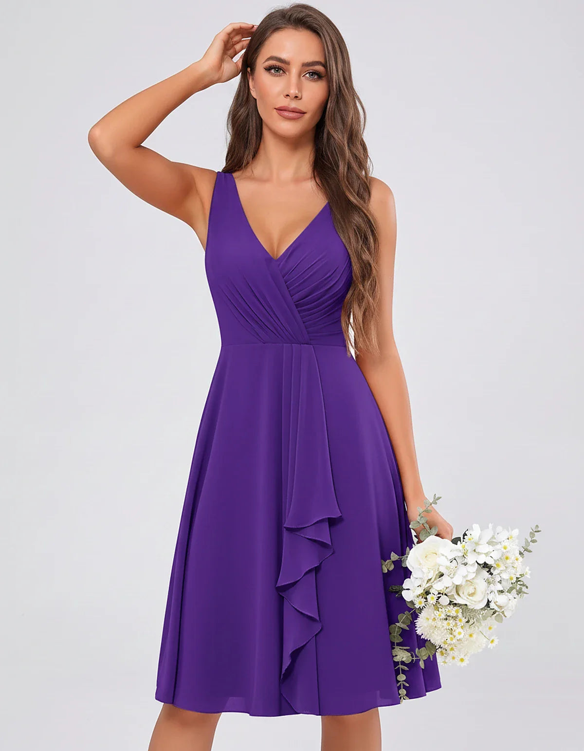 Chiffon Sleeveless V-Neck Pleated Ruffle A-Line Mini Dress for Party Cocktail Evening Summer Wedding Guest Bridesmaid Style, | SKU: MD-482917563204857-PURPLE-L,MD-482917563204857-PURPLE-M,MD-482917563204857-PURPLE-S,MD-482917563204857-PURPLE-XL,MD-482917563204857-PURPLE-XS
