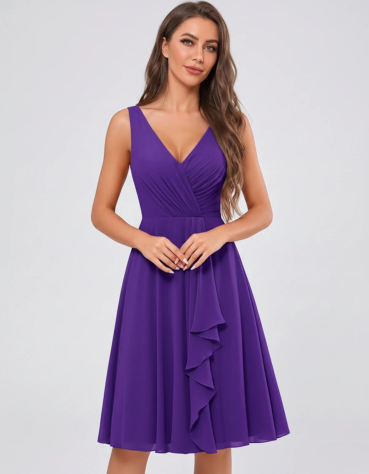Chiffon Sleeveless V-Neck Pleated Ruffle A-Line Mini Dress for Party Cocktail Evening Summer Wedding Guest Bridesmaid Style, | SKU: MD-482917563204857-PURPLE-L,MD-482917563204857-PURPLE-M,MD-482917563204857-PURPLE-S,MD-482917563204857-PURPLE-XL,MD-482917563204857-PURPLE-XS