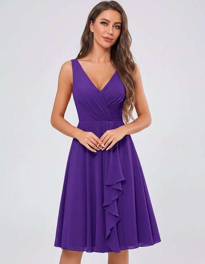 Chiffon Sleeveless V-Neck Pleated Ruffle A-Line Mini Dress for Party Cocktail Evening Summer Wedding Guest Bridesmaid Style, | SKU: MD-482917563204857-PURPLE-L,MD-482917563204857-PURPLE-M,MD-482917563204857-PURPLE-S,MD-482917563204857-PURPLE-XL,MD-482917563204857-PURPLE-XS