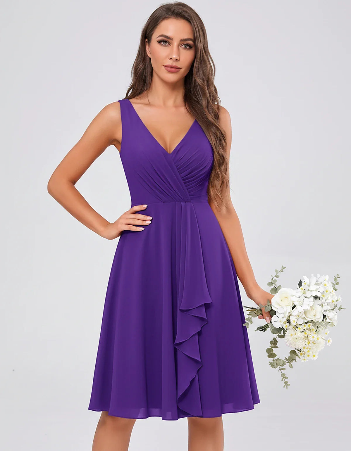 Chiffon Sleeveless V-Neck Pleated Ruffle A-Line Mini Dress for Party Cocktail Evening Summer Wedding Guest Bridesmaid Style, | SKU: MD-482917563204857-PURPLE-L,MD-482917563204857-PURPLE-M,MD-482917563204857-PURPLE-S,MD-482917563204857-PURPLE-XL,MD-482917563204857-PURPLE-XS