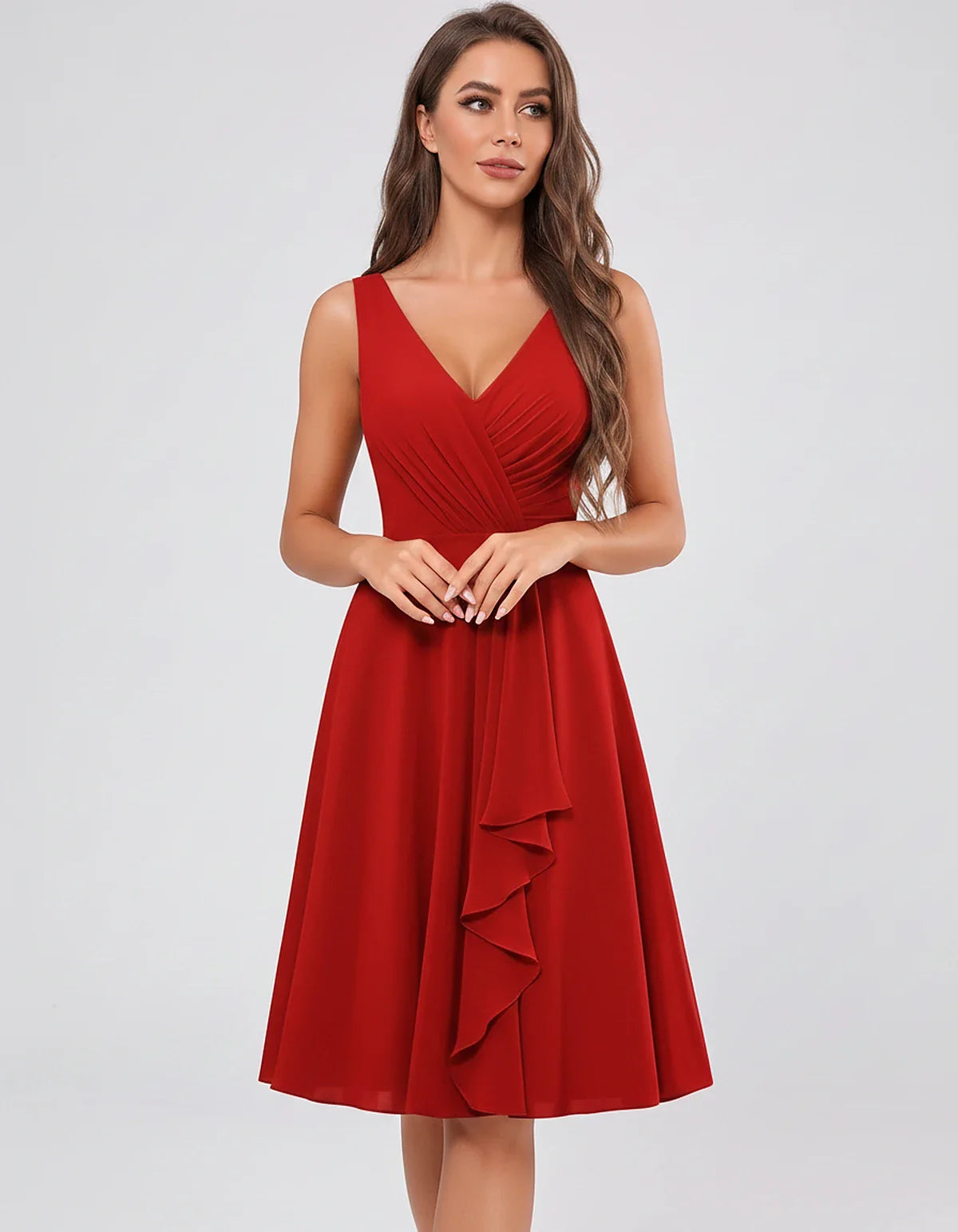 Chiffon Sleeveless V-Neck Pleated Ruffle A-Line Mini Dress for Party Cocktail Evening Summer Wedding Guest Bridesmaid Style, | SKU: MD-482917563204857-RED-L,MD-482917563204857-RED-M,MD-482917563204857-RED-S,MD-482917563204857-RED-XL,MD-482917563204857-RED-XS