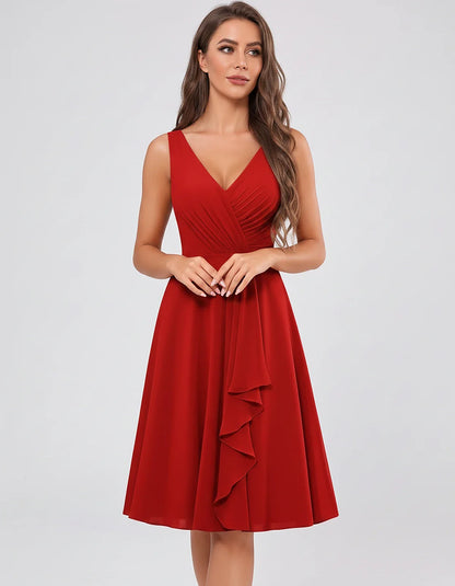 Chiffon Sleeveless V-Neck Pleated Ruffle A-Line Mini Dress for Party Cocktail Evening Summer Wedding Guest Bridesmaid Style, | SKU: MD-482917563204857-RED-L,MD-482917563204857-RED-M,MD-482917563204857-RED-S,MD-482917563204857-RED-XL,MD-482917563204857-RED-XS