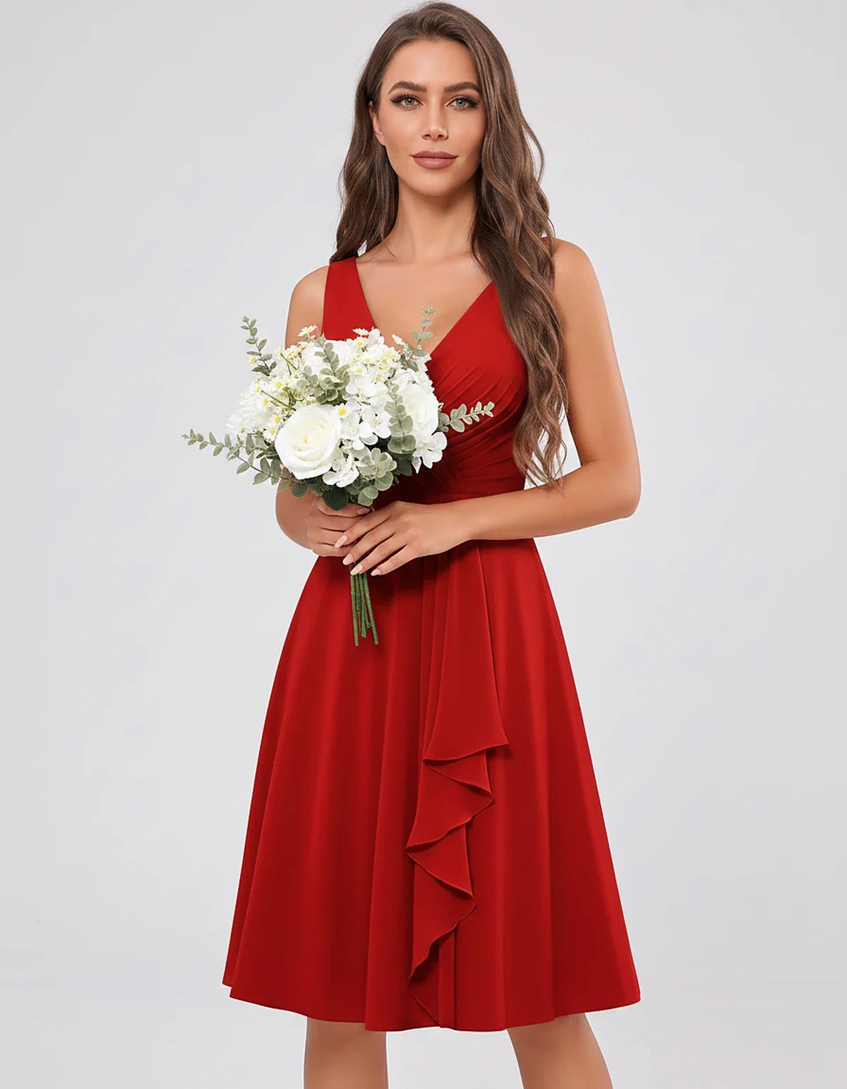 Chiffon Sleeveless V-Neck Pleated Ruffle A-Line Mini Dress for Party Cocktail Evening Summer Wedding Guest Bridesmaid Style, | SKU: MD-482917563204857-RED-L,MD-482917563204857-RED-M,MD-482917563204857-RED-S,MD-482917563204857-RED-XL,MD-482917563204857-RED-XS