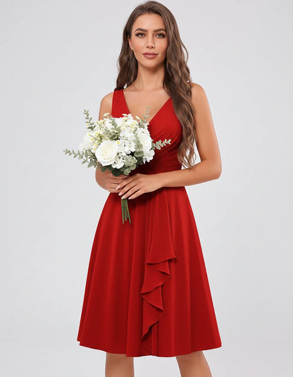 Chiffon Sleeveless V-Neck Pleated Ruffle A-Line Mini Dress for Party Cocktail Evening Summer Wedding Guest Bridesmaid Style, | SKU: MD-482917563204857-RED-L,MD-482917563204857-RED-M,MD-482917563204857-RED-S,MD-482917563204857-RED-XL,MD-482917563204857-RED-XS