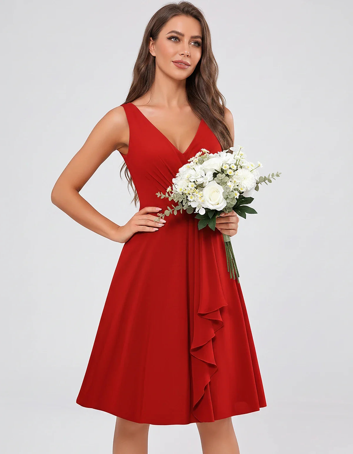 Chiffon Sleeveless V-Neck Pleated Ruffle A-Line Mini Dress for Party Cocktail Evening Summer Wedding Guest Bridesmaid Style, | SKU: MD-482917563204857-RED-L,MD-482917563204857-RED-M,MD-482917563204857-RED-S,MD-482917563204857-RED-XL,MD-482917563204857-RED-XS