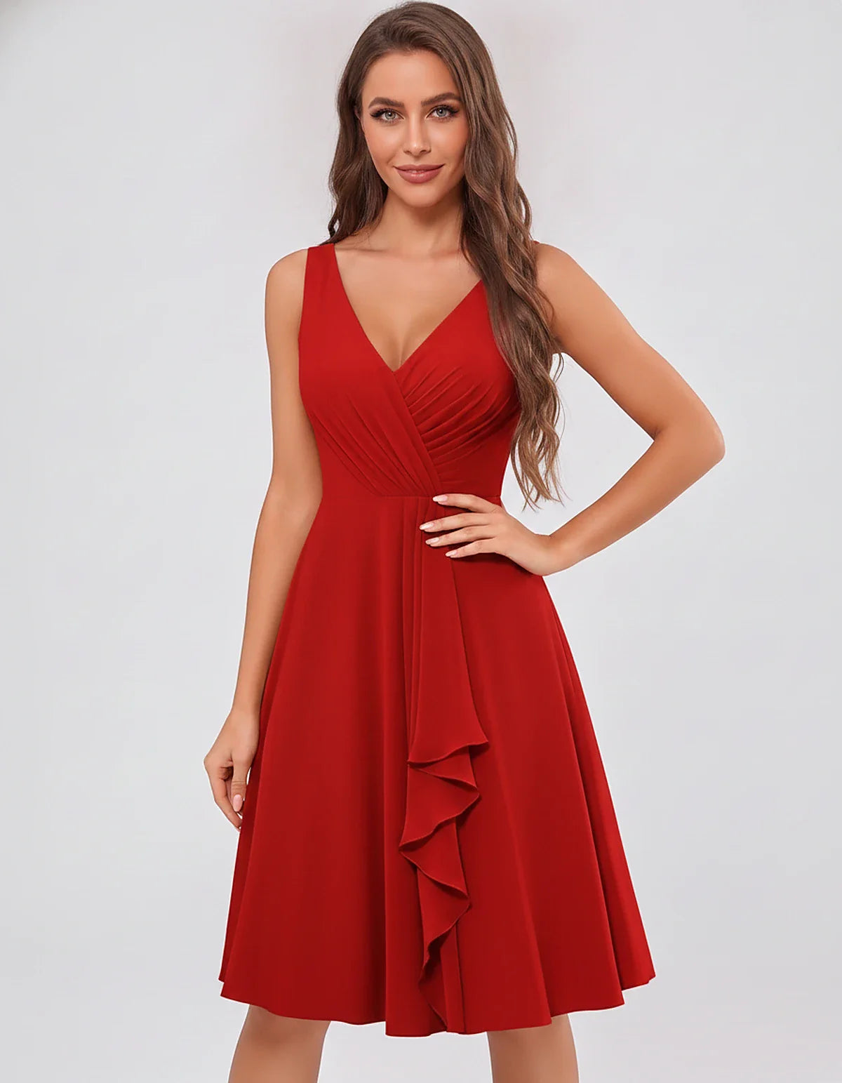 Chiffon Sleeveless V-Neck Pleated Ruffle A-Line Mini Dress for Party Cocktail Evening Summer Wedding Guest Bridesmaid Style, | SKU: MD-482917563204857-RED-L,MD-482917563204857-RED-M,MD-482917563204857-RED-S,MD-482917563204857-RED-XL,MD-482917563204857-RED-XS