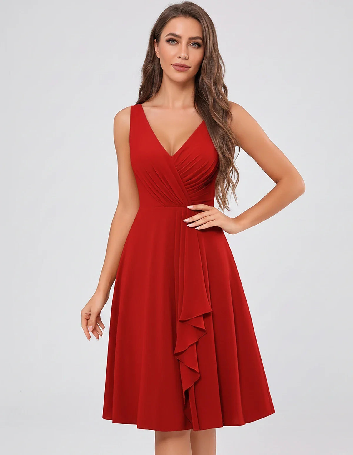 Chiffon Sleeveless V-Neck Pleated Ruffle A-Line Mini Dress for Party Cocktail Evening Summer Wedding Guest Bridesmaid Style, | SKU: MD-482917563204857-RED-L,MD-482917563204857-RED-M,MD-482917563204857-RED-S,MD-482917563204857-RED-XL,MD-482917563204857-RED-XS