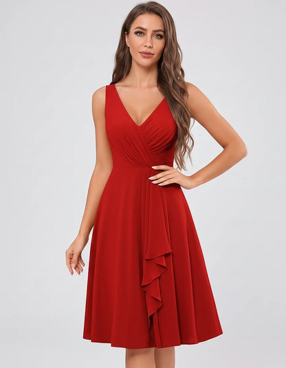 Chiffon Sleeveless V-Neck Pleated Ruffle A-Line Mini Dress for Party Cocktail Evening Summer Wedding Guest Bridesmaid Style, | SKU: MD-482917563204857-RED-L,MD-482917563204857-RED-M,MD-482917563204857-RED-S,MD-482917563204857-RED-XL,MD-482917563204857-RED-XS