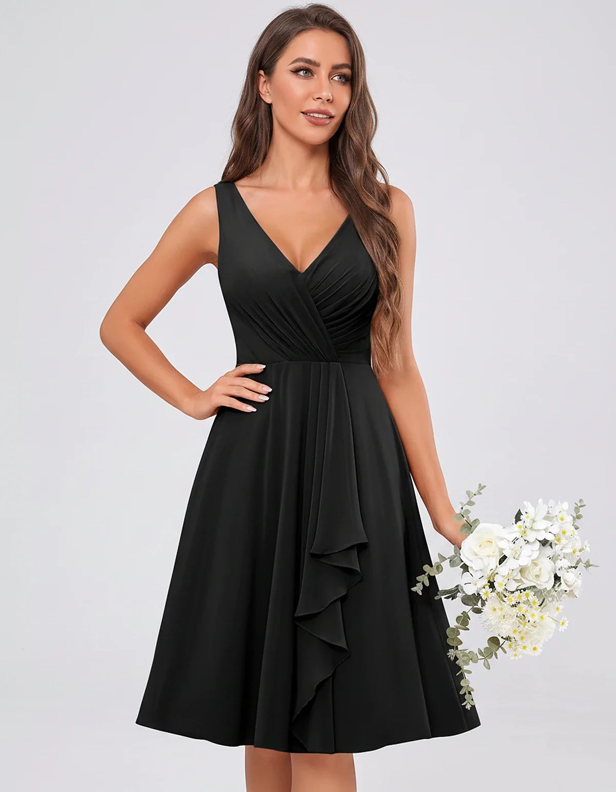 Chiffon Sleeveless V-Neck Pleated Ruffle A-Line Mini Dress for Party Cocktail Evening Summer Wedding Guest Bridesmaid Style, | SKU: MD-482917563204857-BLACK-L,MD-482917563204857-BLACK-M,MD-482917563204857-BLACK-S,MD-482917563204857-BLACK-XL,MD-482917563204857-BLACK-XS