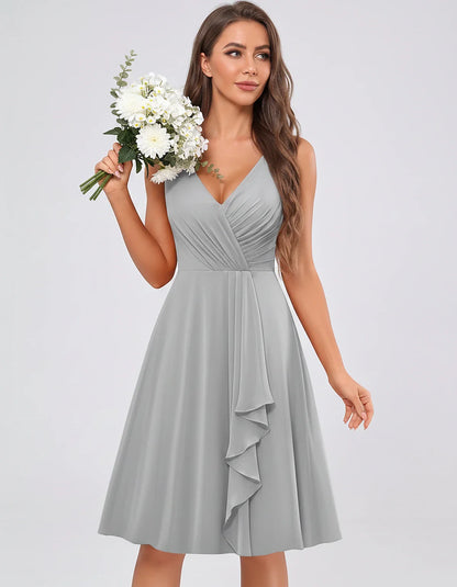 Chiffon Sleeveless V-Neck Pleated Ruffle A-Line Mini Dress for Party Cocktail Evening Summer Wedding Guest Bridesmaid Style, | SKU: MD-482917563204857-SILVER-L,MD-482917563204857-SILVER-M,MD-482917563204857-SILVER-S,MD-482917563204857-SILVER-XL,MD-482917563204857-SILVER-XS