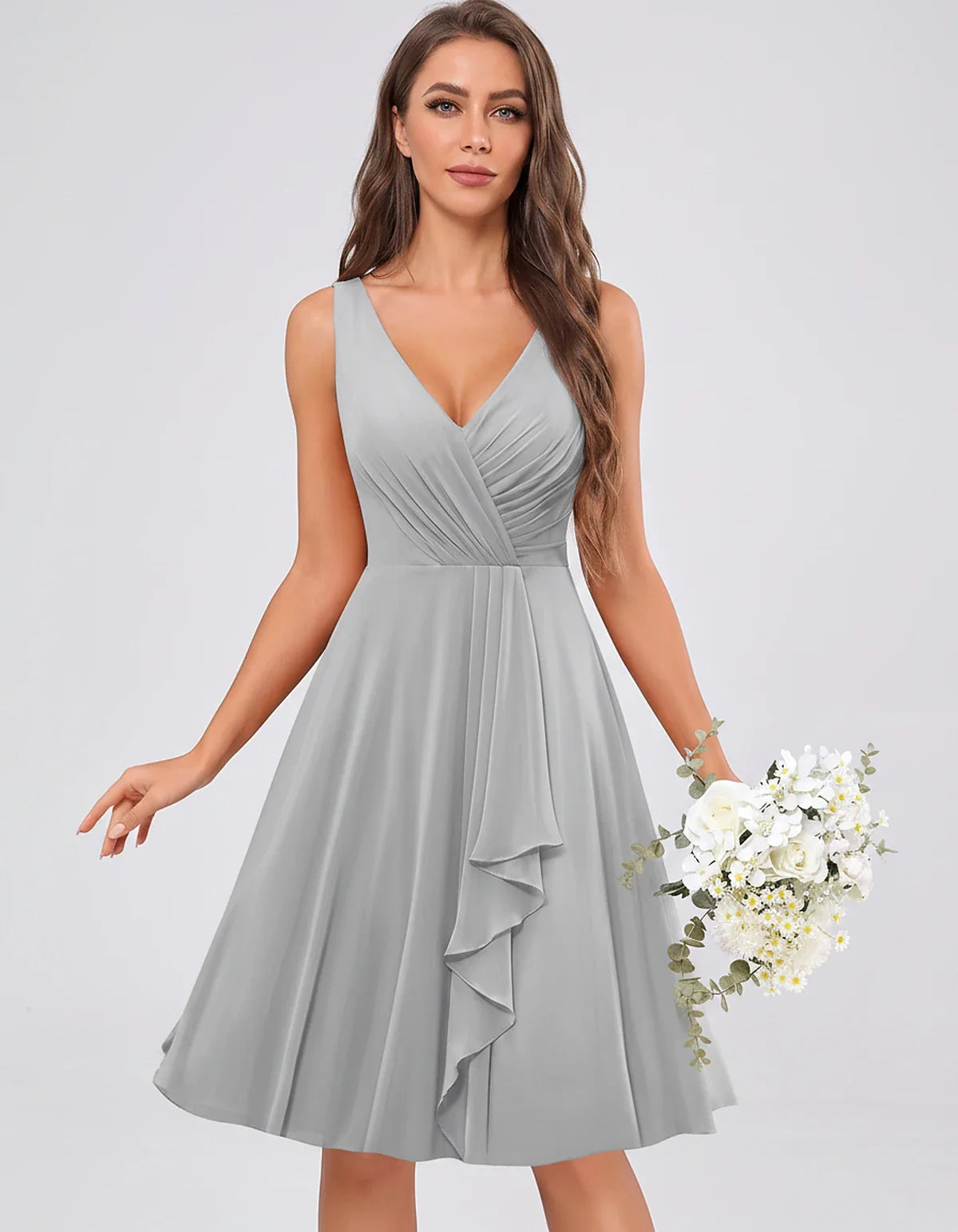 Chiffon Sleeveless V-Neck Pleated Ruffle A-Line Mini Dress for Party Cocktail Evening Summer Wedding Guest Bridesmaid Style, | SKU: MD-482917563204857-SILVER-L,MD-482917563204857-SILVER-M,MD-482917563204857-SILVER-S,MD-482917563204857-SILVER-XL,MD-482917563204857-SILVER-XS