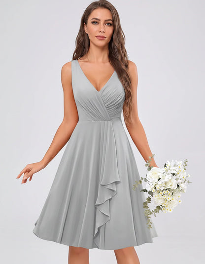 Chiffon Sleeveless V-Neck Pleated Ruffle A-Line Mini Dress for Party Cocktail Evening Summer Wedding Guest Bridesmaid Style, | SKU: MD-482917563204857-SILVER-L,MD-482917563204857-SILVER-M,MD-482917563204857-SILVER-S,MD-482917563204857-SILVER-XL,MD-482917563204857-SILVER-XS