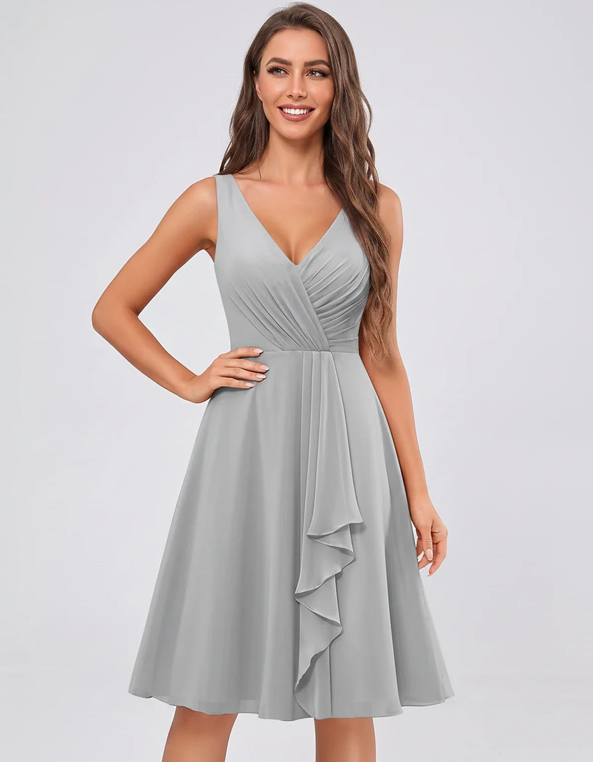 Chiffon Sleeveless V-Neck Pleated Ruffle A-Line Mini Dress for Party Cocktail Evening Summer Wedding Guest Bridesmaid Style, | SKU: MD-482917563204857-SILVER-L,MD-482917563204857-SILVER-M,MD-482917563204857-SILVER-S,MD-482917563204857-SILVER-XL,MD-482917563204857-SILVER-XS