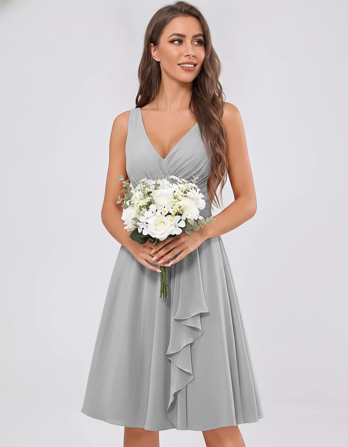 Chiffon Sleeveless V-Neck Pleated Ruffle A-Line Mini Dress for Party Cocktail Evening Summer Wedding Guest Bridesmaid Style, | SKU: MD-482917563204857-SILVER-L,MD-482917563204857-SILVER-M,MD-482917563204857-SILVER-S,MD-482917563204857-SILVER-XL,MD-482917563204857-SILVER-XS