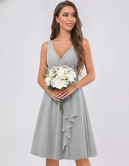 Chiffon Sleeveless V-Neck Pleated Ruffle A-Line Mini Dress for Party Cocktail Evening Summer Wedding Guest Bridesmaid Style, | SKU: MD-482917563204857-SILVER-L,MD-482917563204857-SILVER-M,MD-482917563204857-SILVER-S,MD-482917563204857-SILVER-XL,MD-482917563204857-SILVER-XS