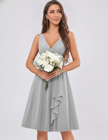 Chiffon Sleeveless V-Neck Pleated Ruffle A-Line Mini Dress for Party Cocktail Evening Summer Wedding Guest Bridesmaid Style, | SKU: MD-482917563204857-SILVER-L,MD-482917563204857-SILVER-M,MD-482917563204857-SILVER-S,MD-482917563204857-SILVER-XL,MD-482917563204857-SILVER-XS