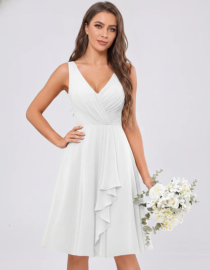 Chiffon Sleeveless V-Neck Pleated Ruffle A-Line Mini Dress for Party Cocktail Evening Summer Wedding Guest Bridesmaid Style, | SKU: MD-482917563204857-WHITE-L,MD-482917563204857-WHITE-M,MD-482917563204857-WHITE-S,MD-482917563204857-WHITE-XL,MD-482917563204857-WHITE-XS