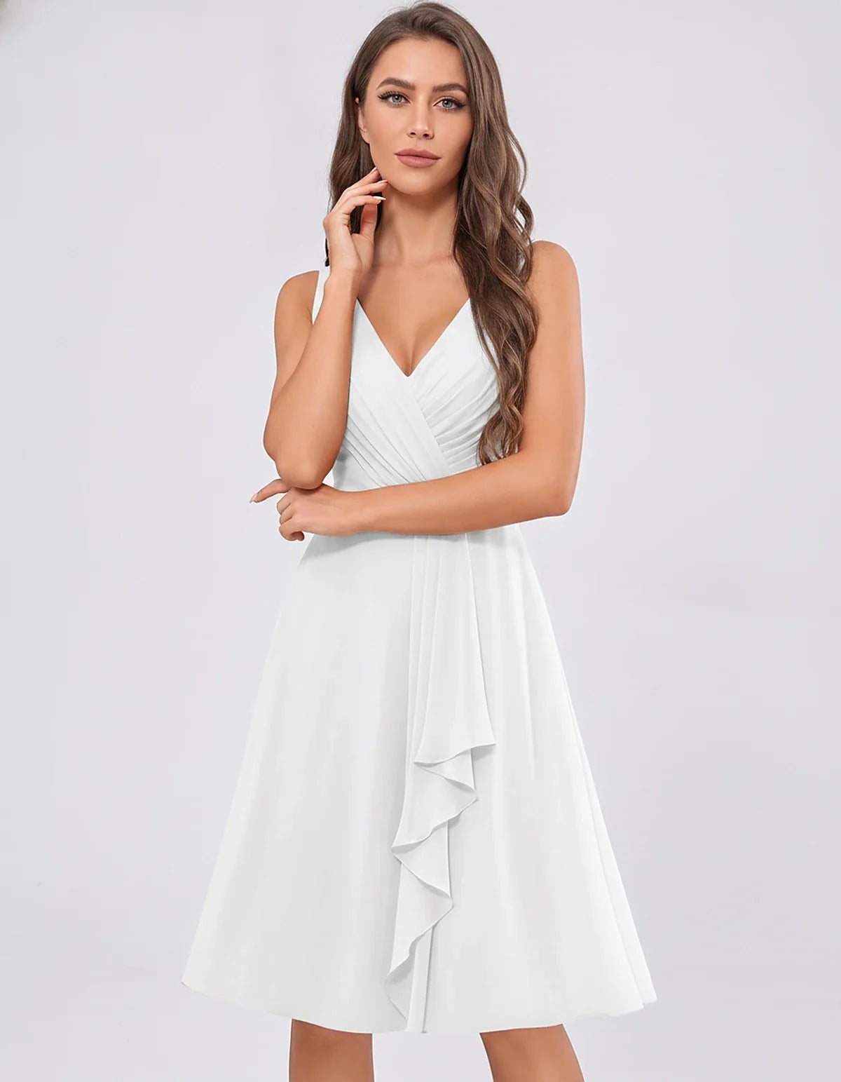 Chiffon Sleeveless V-Neck Pleated Ruffle A-Line Mini Dress for Party Cocktail Evening Summer Wedding Guest Bridesmaid Style, | SKU: MD-482917563204857-WHITE-L,MD-482917563204857-WHITE-M,MD-482917563204857-WHITE-S,MD-482917563204857-WHITE-XL,MD-482917563204857-WHITE-XS