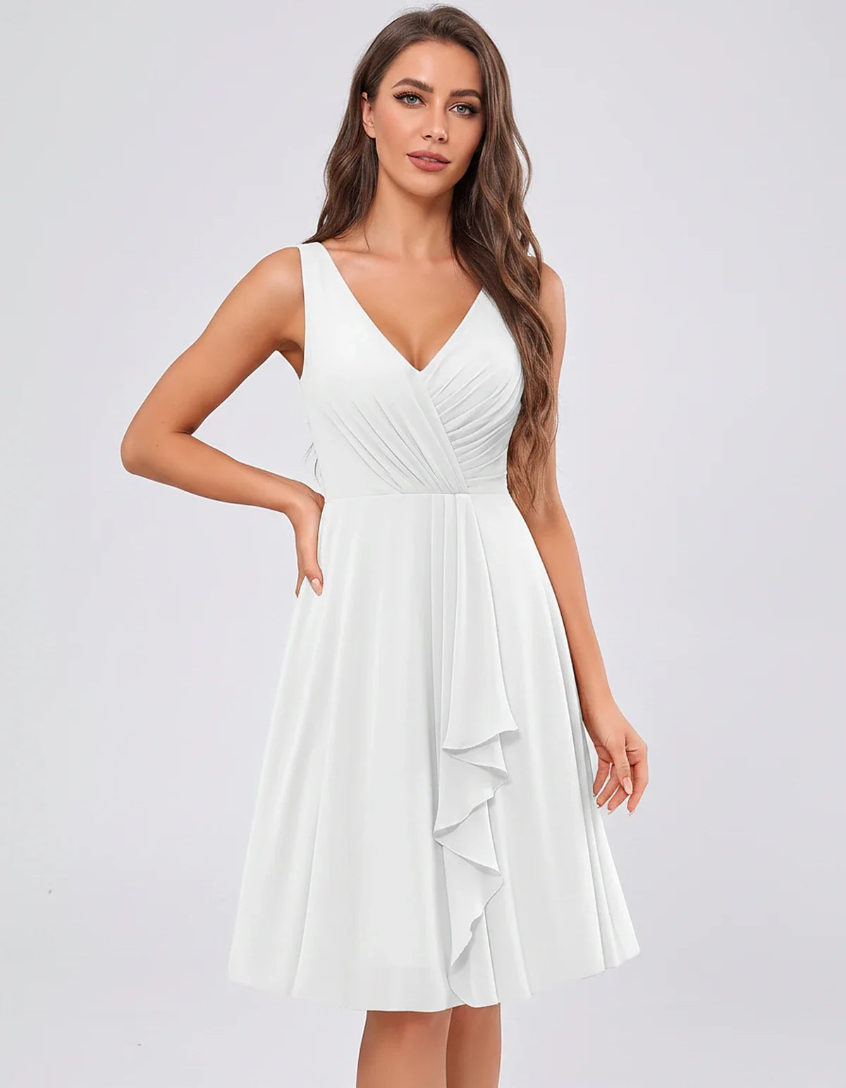 Chiffon Sleeveless V-Neck Pleated Ruffle A-Line Mini Dress for Party Cocktail Evening Summer Wedding Guest Bridesmaid Style, | SKU: MD-482917563204857-WHITE-L,MD-482917563204857-WHITE-M,MD-482917563204857-WHITE-S,MD-482917563204857-WHITE-XL,MD-482917563204857-WHITE-XS