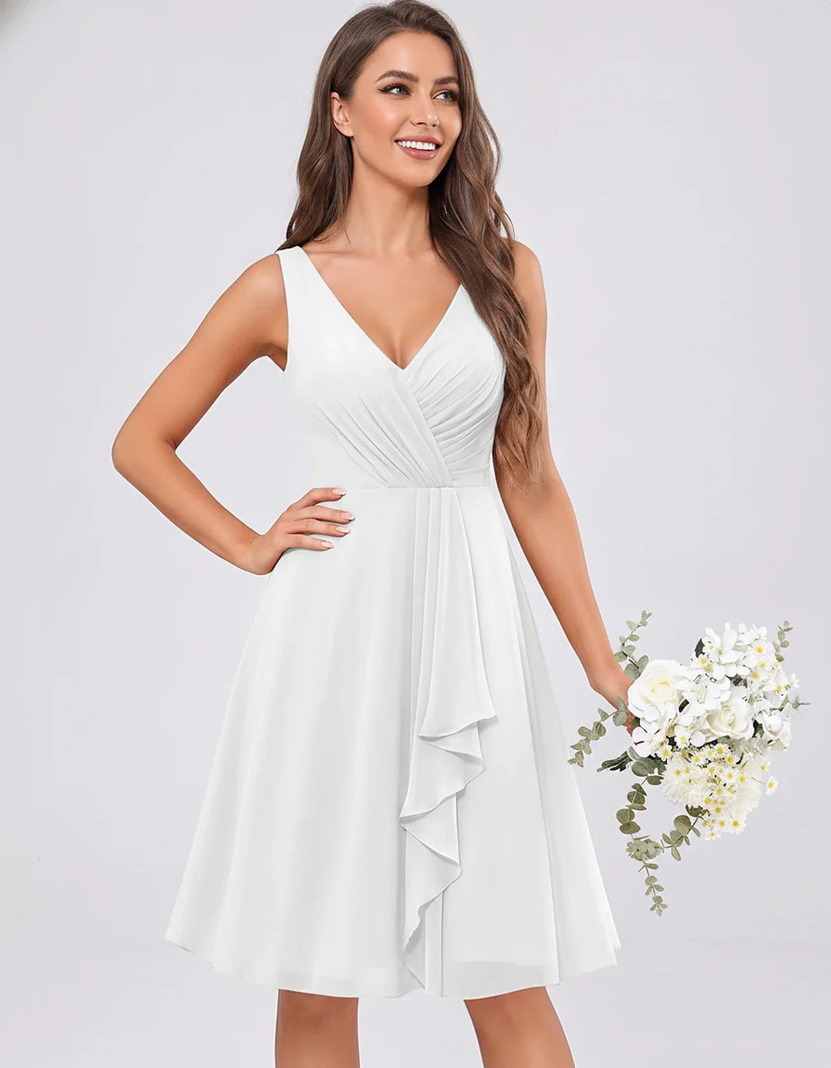 Chiffon Sleeveless V-Neck Pleated Ruffle A-Line Mini Dress for Party Cocktail Evening Summer Wedding Guest Bridesmaid Style, | SKU: MD-482917563204857-WHITE-L,MD-482917563204857-WHITE-M,MD-482917563204857-WHITE-S,MD-482917563204857-WHITE-XL,MD-482917563204857-WHITE-XS