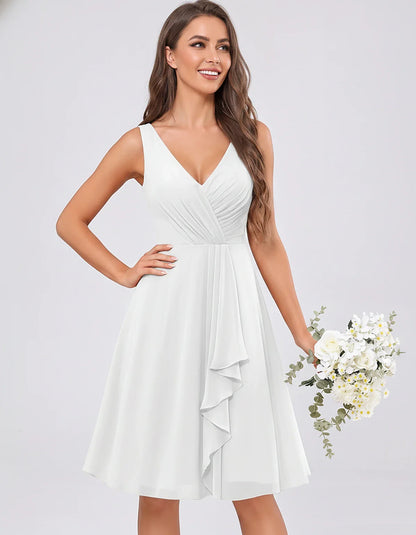 Chiffon Sleeveless V-Neck Pleated Ruffle A-Line Mini Dress for Party Cocktail Evening Summer Wedding Guest Bridesmaid Style, | SKU: MD-482917563204857-WHITE-L,MD-482917563204857-WHITE-M,MD-482917563204857-WHITE-S,MD-482917563204857-WHITE-XL,MD-482917563204857-WHITE-XS