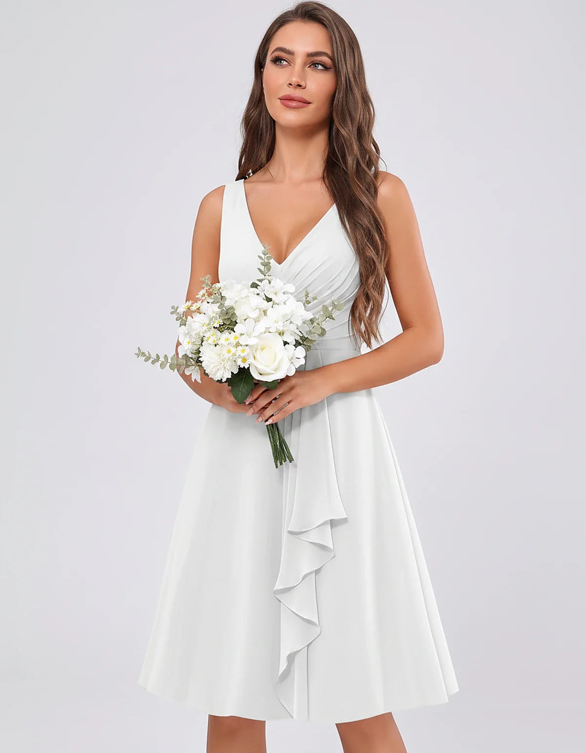 Chiffon Sleeveless V-Neck Pleated Ruffle A-Line Mini Dress for Party Cocktail Evening Summer Wedding Guest Bridesmaid Style, | SKU: MD-482917563204857-WHITE-L,MD-482917563204857-WHITE-M,MD-482917563204857-WHITE-S,MD-482917563204857-WHITE-XL,MD-482917563204857-WHITE-XS