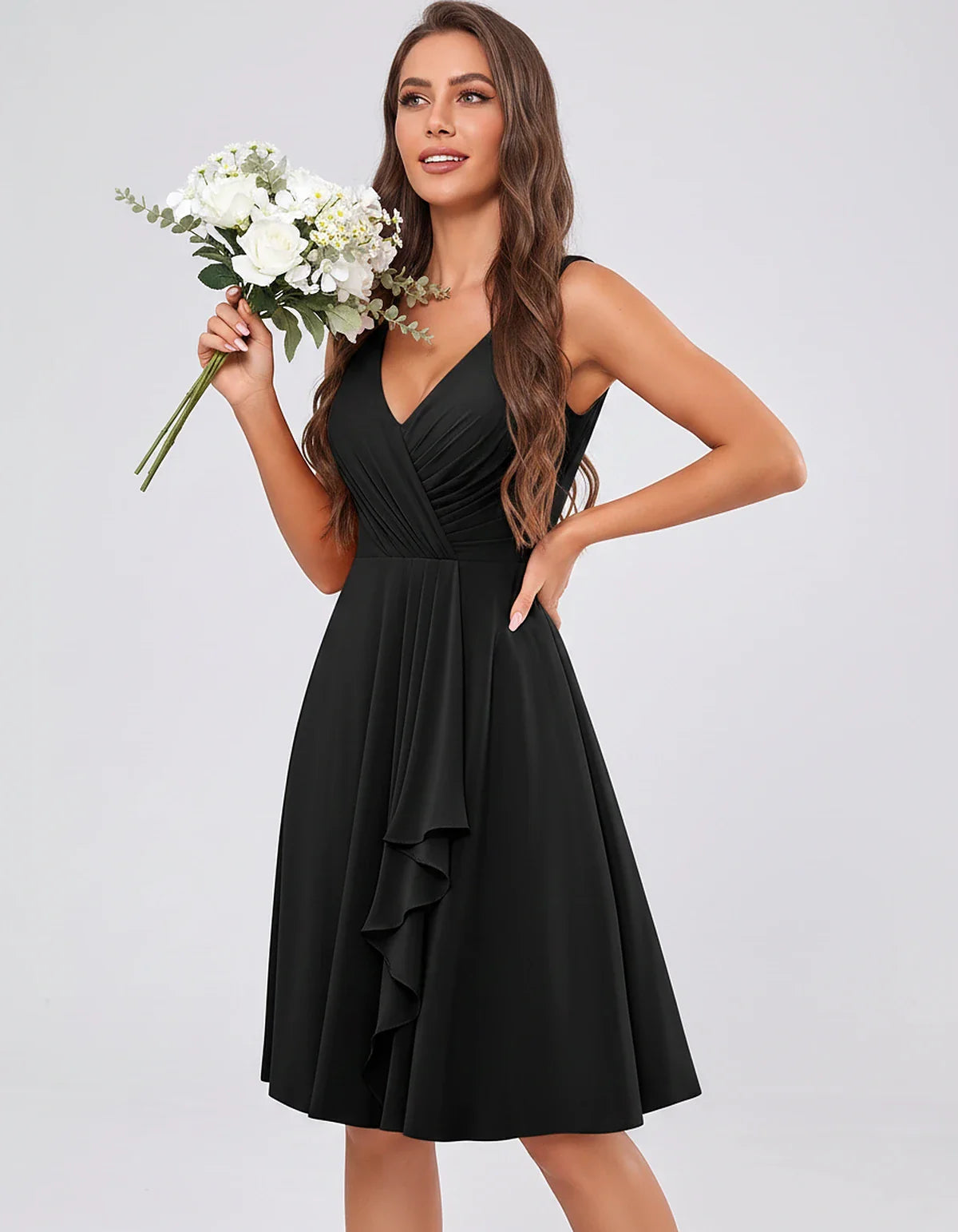 Chiffon Sleeveless V-Neck Pleated Ruffle A-Line Mini Dress for Party Cocktail Evening Summer Wedding Guest Bridesmaid Style, | SKU: MD-482917563204857-BLACK-L,MD-482917563204857-BLACK-M,MD-482917563204857-BLACK-S,MD-482917563204857-BLACK-XL,MD-482917563204857-BLACK-XS