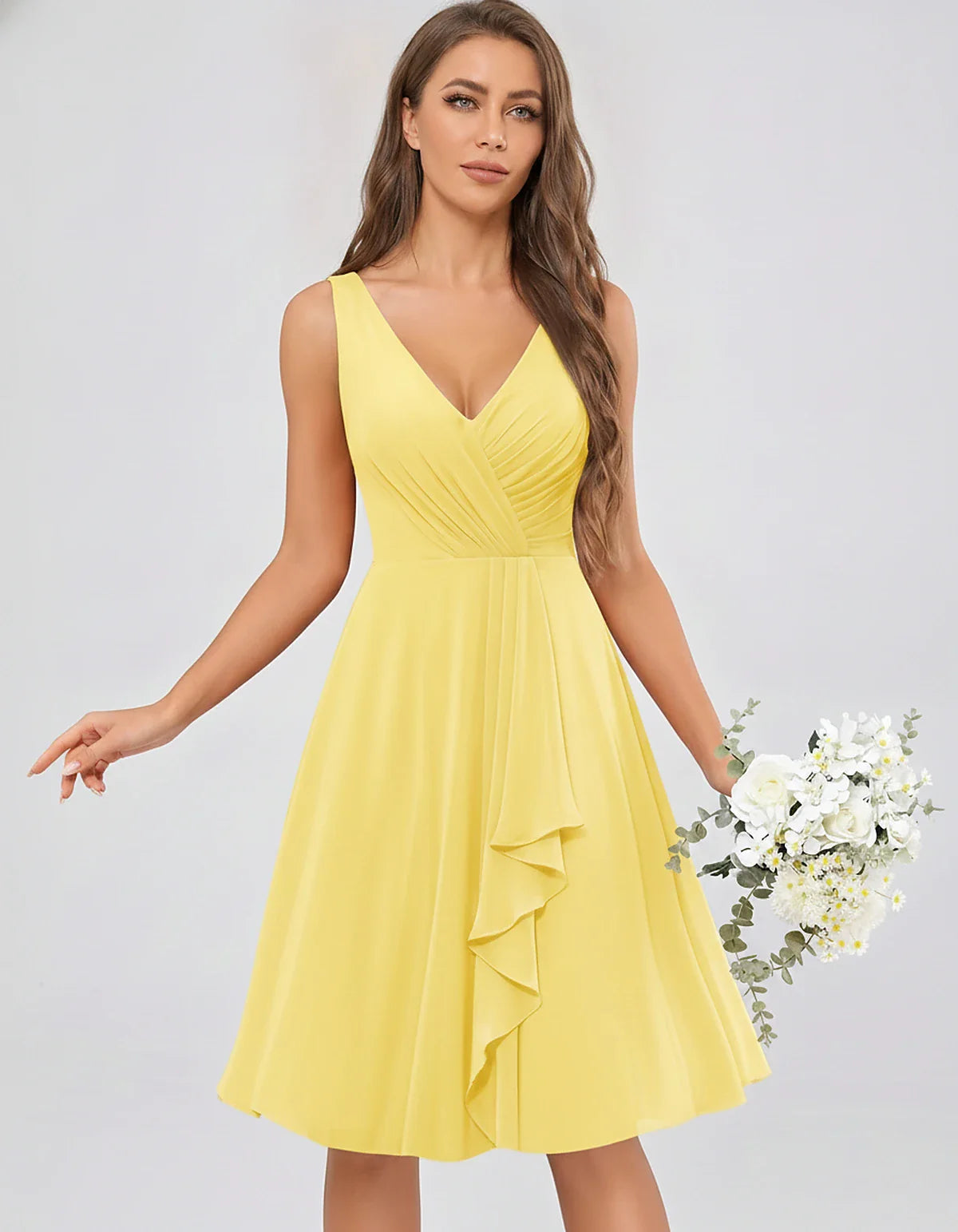 Chiffon Sleeveless V-Neck Pleated Ruffle A-Line Mini Dress for Party Cocktail Evening Summer Wedding Guest Bridesmaid Style, | SKU: MD-482917563204857-YELLOW-L,MD-482917563204857-YELLOW-M,MD-482917563204857-YELLOW-S,MD-482917563204857-YELLOW-XL,MD-482917563204857-YELLOW-XS