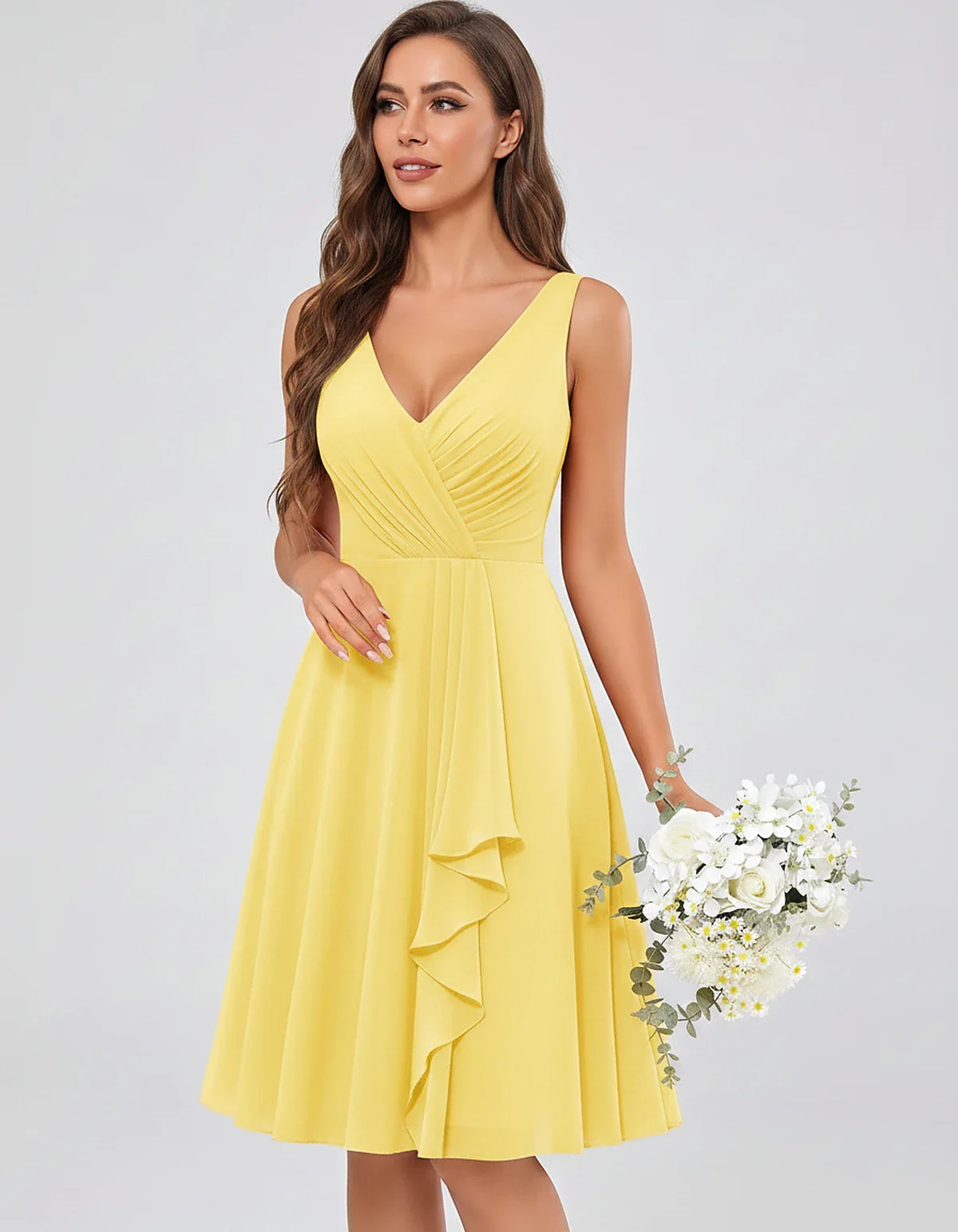 Chiffon Sleeveless V-Neck Pleated Ruffle A-Line Mini Dress for Party Cocktail Evening Summer Wedding Guest Bridesmaid Style, | SKU: MD-482917563204857-YELLOW-L,MD-482917563204857-YELLOW-M,MD-482917563204857-YELLOW-S,MD-482917563204857-YELLOW-XL,MD-482917563204857-YELLOW-XS