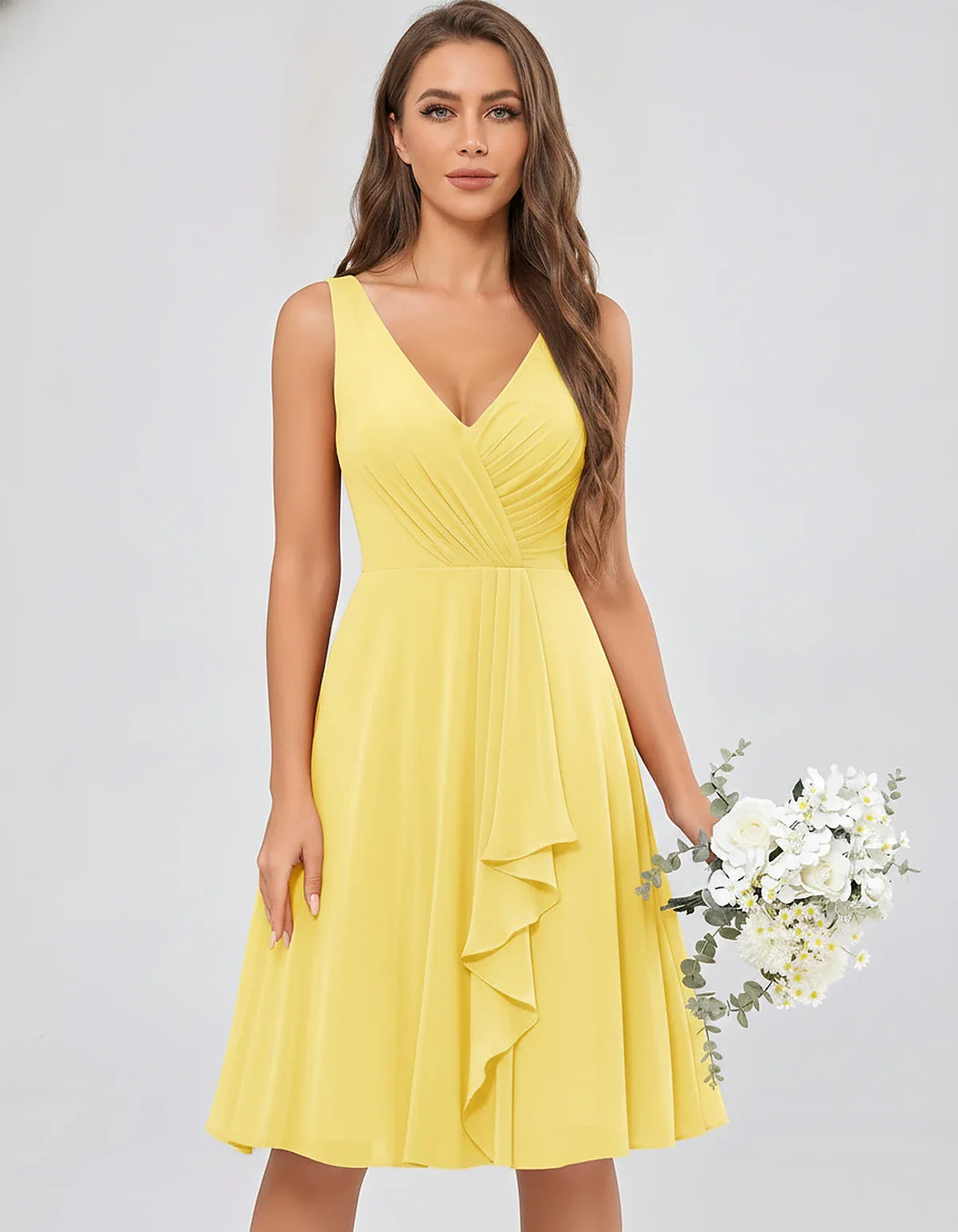 Chiffon Sleeveless V-Neck Pleated Ruffle A-Line Mini Dress for Party Cocktail Evening Summer Wedding Guest Bridesmaid Style, | SKU: MD-482917563204857-YELLOW-L,MD-482917563204857-YELLOW-M,MD-482917563204857-YELLOW-S,MD-482917563204857-YELLOW-XL,MD-482917563204857-YELLOW-XS