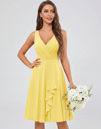 Chiffon Sleeveless V-Neck Pleated Ruffle A-Line Mini Dress for Party Cocktail Evening Summer Wedding Guest Bridesmaid Style, | SKU: MD-482917563204857-YELLOW-L,MD-482917563204857-YELLOW-M,MD-482917563204857-YELLOW-S,MD-482917563204857-YELLOW-XL,MD-482917563204857-YELLOW-XS