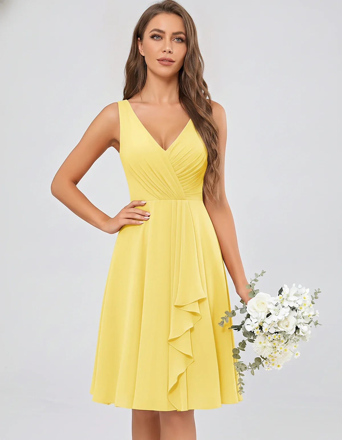 Chiffon Sleeveless V-Neck Pleated Ruffle A-Line Mini Dress for Party Cocktail Evening Summer Wedding Guest Bridesmaid Style, | SKU: MD-482917563204857-YELLOW-L,MD-482917563204857-YELLOW-M,MD-482917563204857-YELLOW-S,MD-482917563204857-YELLOW-XL,MD-482917563204857-YELLOW-XS
