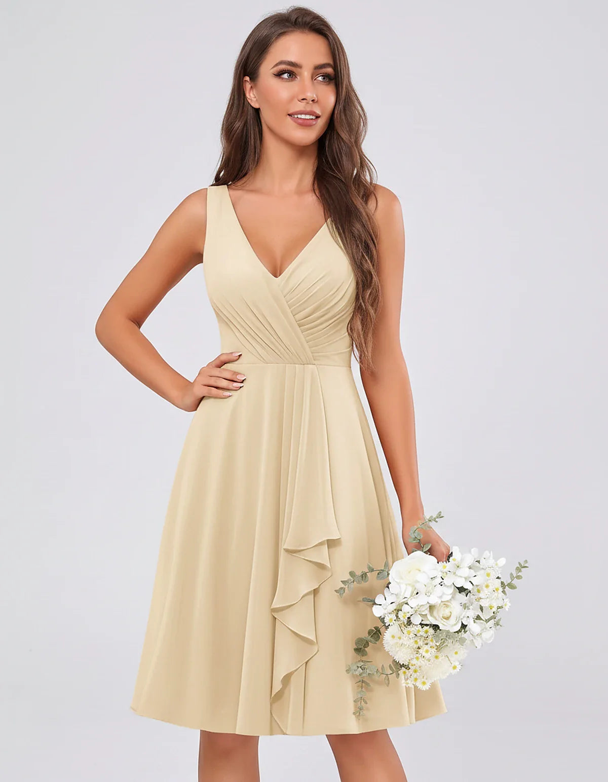 Chiffon Sleeveless V-Neck Pleated Ruffle A-Line Mini Dress for Party Cocktail Evening Summer Wedding Guest Bridesmaid Style, | SKU: MD-482917563204857-CHAMPAGNE-L,MD-482917563204857-CHAMPAGNE-M,MD-482917563204857-CHAMPAGNE-S,MD-482917563204857-CHAMPAGNE-XL,MD-482917563204857-CHAMPAGNE-XS