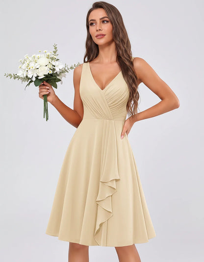 Chiffon Sleeveless V-Neck Pleated Ruffle A-Line Mini Dress for Party Cocktail Evening Summer Wedding Guest Bridesmaid Style, | SKU: MD-482917563204857-CHAMPAGNE-L,MD-482917563204857-CHAMPAGNE-M,MD-482917563204857-CHAMPAGNE-S,MD-482917563204857-CHAMPAGNE-XL,MD-482917563204857-CHAMPAGNE-XS
