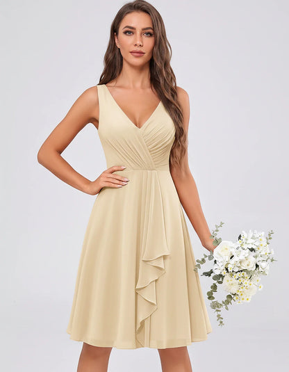 Chiffon Sleeveless V-Neck Pleated Ruffle A-Line Mini Dress for Party Cocktail Evening Summer Wedding Guest Bridesmaid Style, | SKU: MD-482917563204857-CHAMPAGNE-L,MD-482917563204857-CHAMPAGNE-M,MD-482917563204857-CHAMPAGNE-S,MD-482917563204857-CHAMPAGNE-XL,MD-482917563204857-CHAMPAGNE-XS