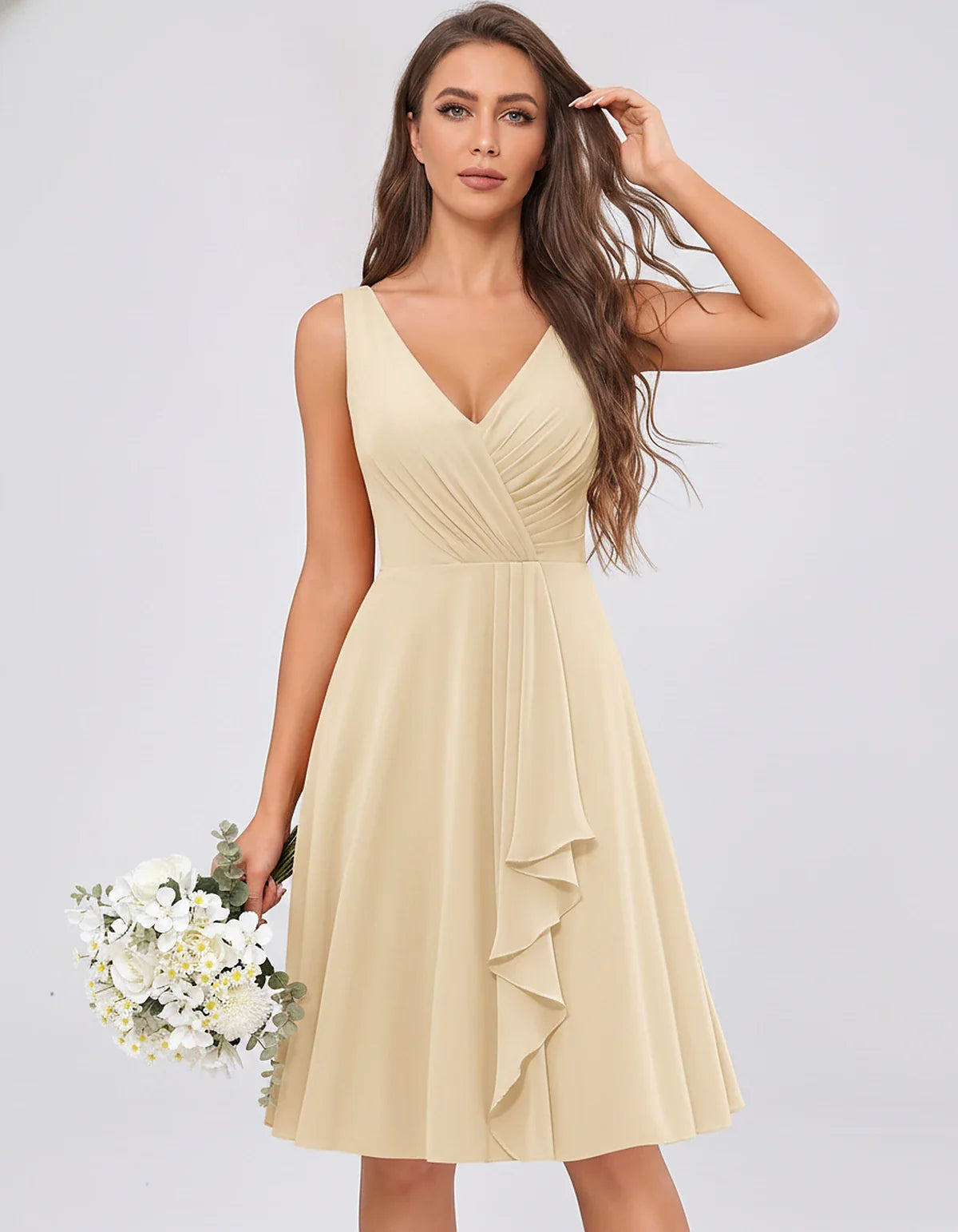 Chiffon Sleeveless V-Neck Pleated Ruffle A-Line Mini Dress for Party Cocktail Evening Summer Wedding Guest Bridesmaid Style, | SKU: MD-482917563204857-CHAMPAGNE-L,MD-482917563204857-CHAMPAGNE-M,MD-482917563204857-CHAMPAGNE-S,MD-482917563204857-CHAMPAGNE-XL,MD-482917563204857-CHAMPAGNE-XS