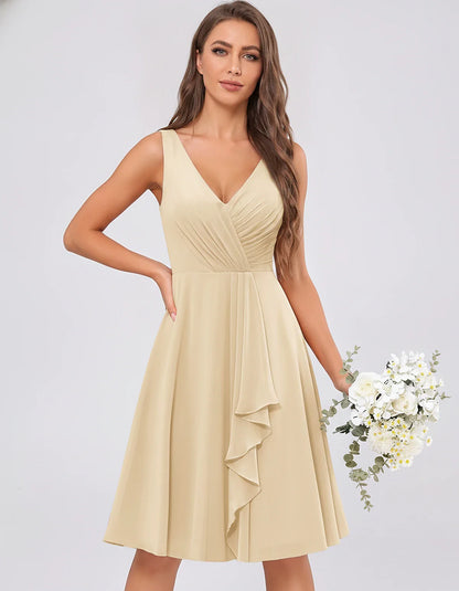Chiffon Sleeveless V-Neck Pleated Ruffle A-Line Mini Dress for Party Cocktail Evening Summer Wedding Guest Bridesmaid Style, | SKU: MD-482917563204857-CHAMPAGNE-L,MD-482917563204857-CHAMPAGNE-M,MD-482917563204857-CHAMPAGNE-S,MD-482917563204857-CHAMPAGNE-XL,MD-482917563204857-CHAMPAGNE-XS