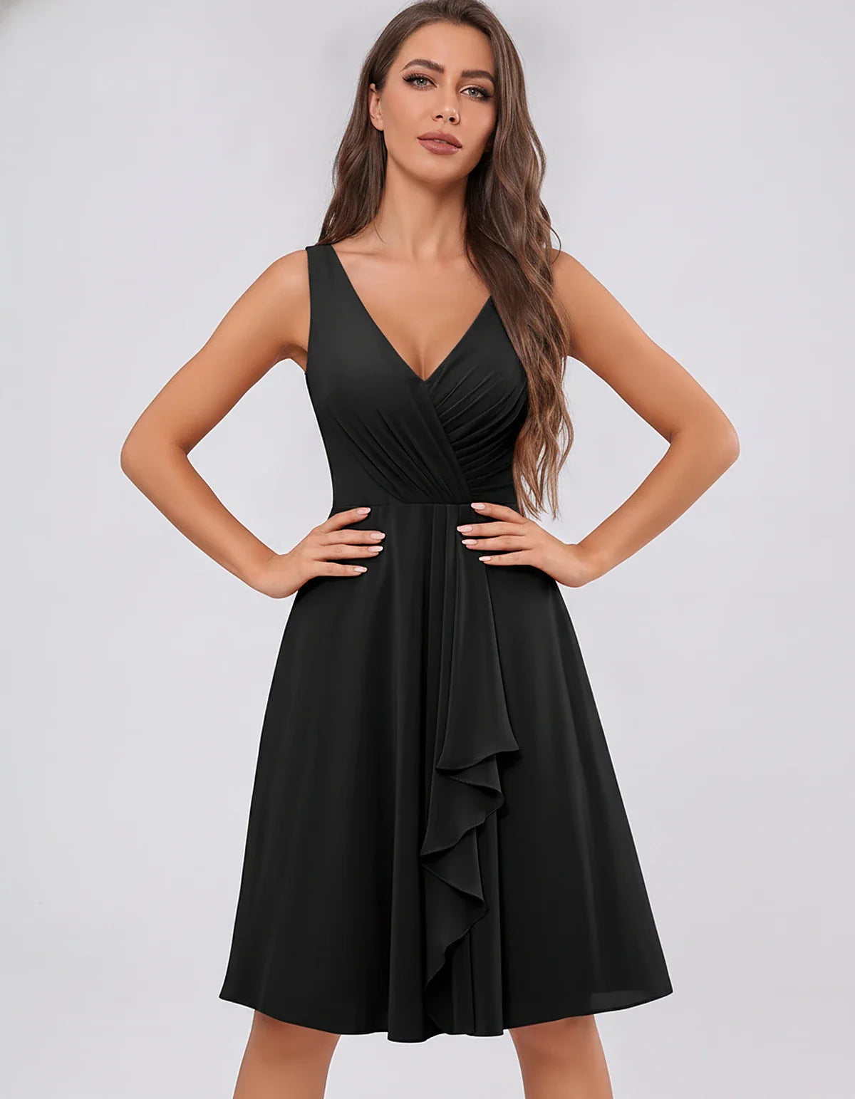 Chiffon Sleeveless V-Neck Pleated Ruffle A-Line Mini Dress for Party Cocktail Evening Summer Wedding Guest Bridesmaid Style, | SKU: MD-482917563204857-BLACK-L,MD-482917563204857-BLACK-M,MD-482917563204857-BLACK-S,MD-482917563204857-BLACK-XL,MD-482917563204857-BLACK-XS